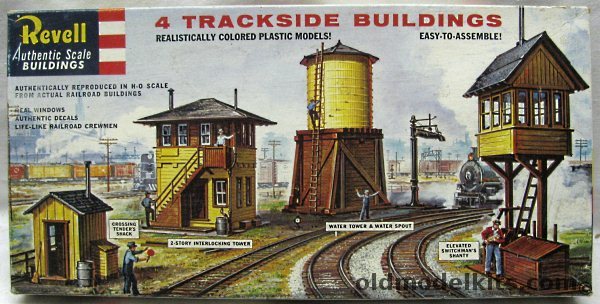 Revell HO 4 Trackside Buildings - HO Scale Crossing Tender's Shack / 2 Story Interlocking Tower / Water Tower and Water Spout / Elevated Switchman's Shanty - With 6 Figures, T9002-200 plastic model kit